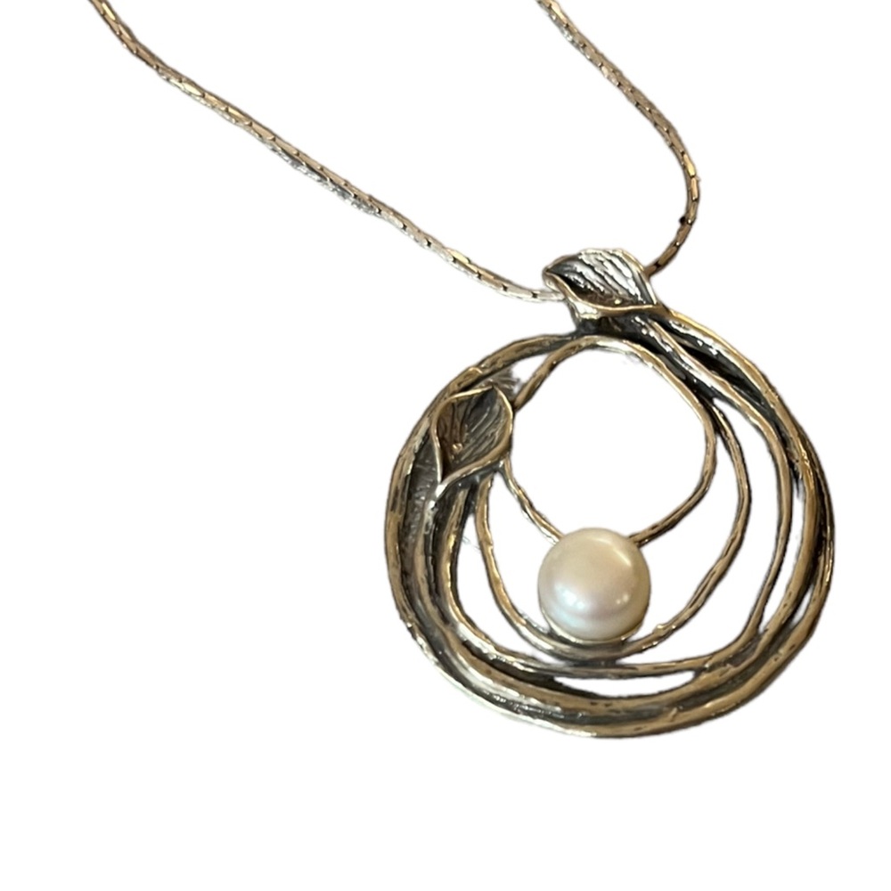 Tamir Zuman Sterling Silver Twigs Branches Leaves Button Pearl Pendant Necklace